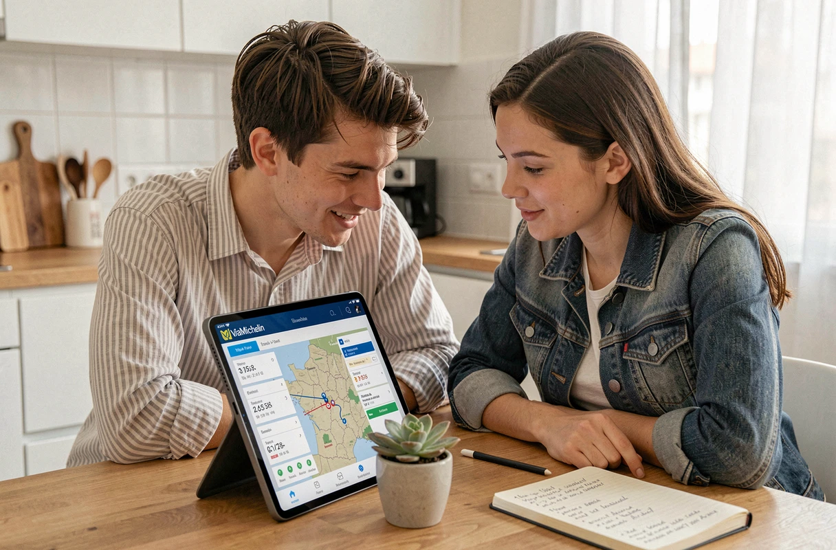 Couple planifiant un voyage routier ensemble avec l'application ViaMichelin sur tablette dans une cuisine moderne