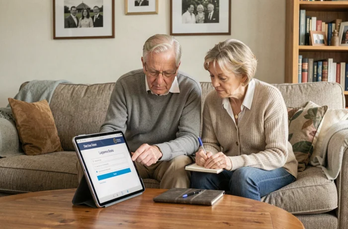 Couple de retraités SNCF naviguant ensemble sur le portail en ligne pour récupérer leurs identifiants