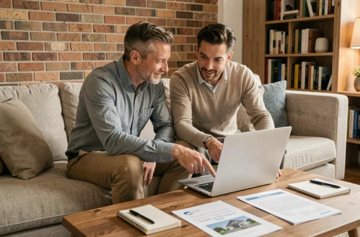 Couple examinant ensemble une transaction immobilière sécurisée en ligne sur un canapé