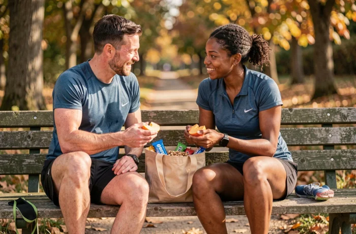 Deux coureurs partageant des collations nutritives sur un banc de parc après une séance de trail