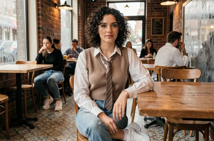 Jeune femme en look décontracté avec cravate rayée portée lâchement sur une chemise et un gilet en maille dans un café vintage