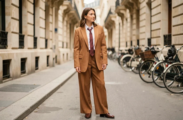 Femme portant une cravate bordeaux avec un blazer camel oversize et un pantalon large dans un style féminin chic parisien