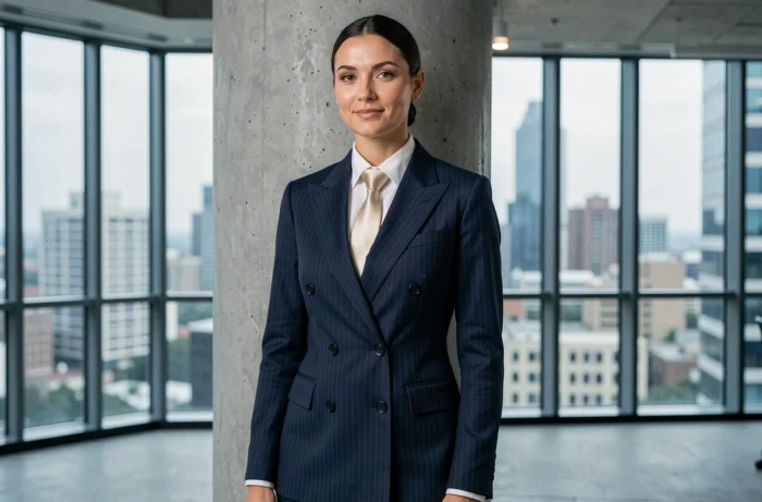 Femme en tailleur marine à rayures avec cravate en satin ivoire dans un bureau moderne, style féminin professionnel et tendance