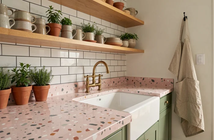 Cuisine moderne avec plan de travail en terrazzo, étagères en chêne et vaisselle artisanale en grès dans un style vintage contemporain