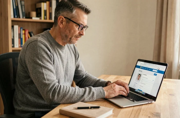 Homme remplissant une demande de passeport en ligne sur un ordinateur portable depuis son domicile