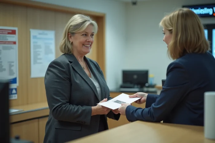 Femme déposant une lettre de résiliation de contrat de réexpédition de courrier au guichet d'une poste