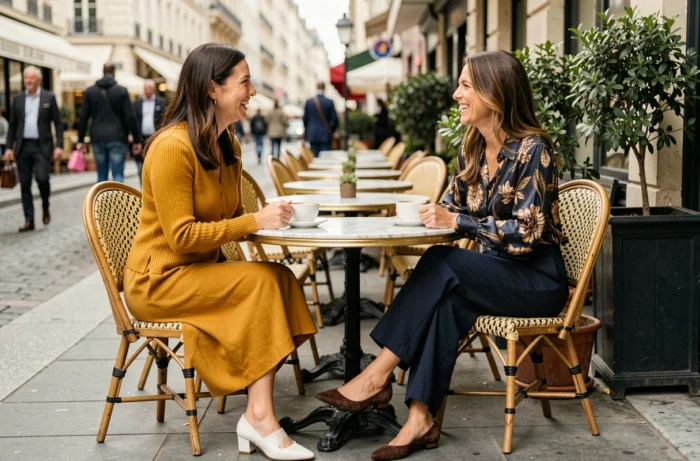 Deux femmes élégantes en tenues tendance 2024 attablées à une terrasse de café parisien, inspirations mode quotidienne