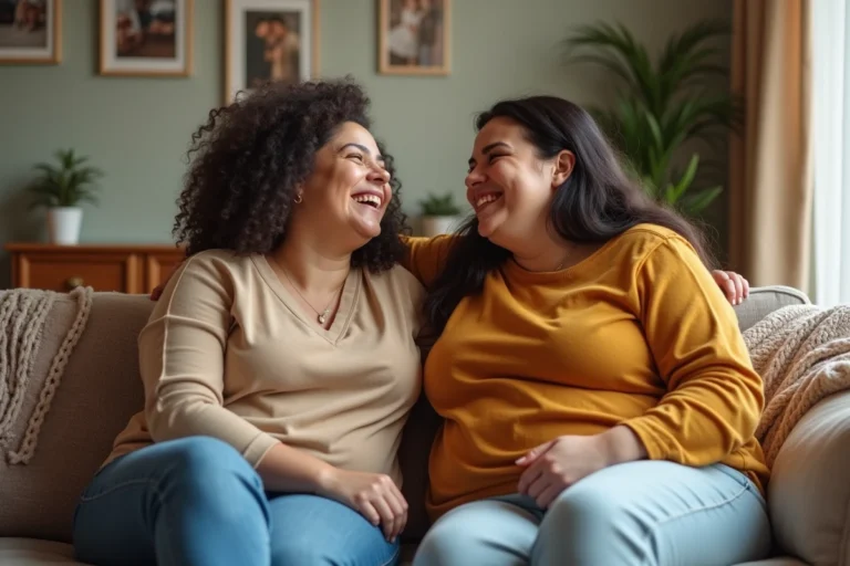 Deux sœurs adultes riant ensemble sur un canapé dans un salon chaleureux, illustrant la complicité et la transformation personnelle de Tammy et Amy Slaton