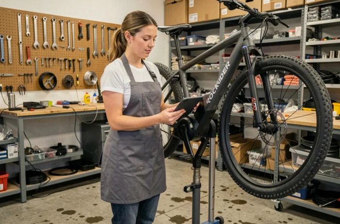 Mécanicienne effectuant un diagnostic électronique sur un VTT Rockrider E-ST 900 en atelier