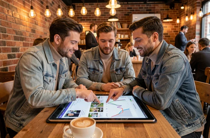 Groupe d'adultes discutant de tendances numériques autour d'une tablette dans un café urbain moderne