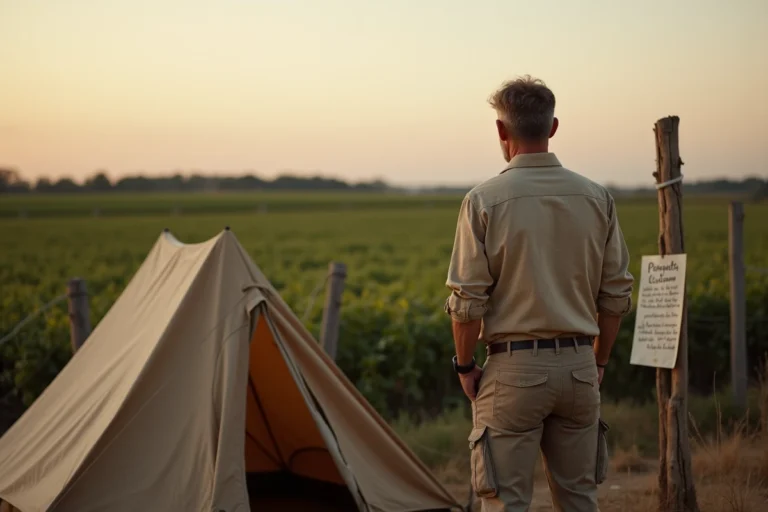 Homme campant légalement en bordure d'un terrain agricole avec une tente et une autorisation affichée