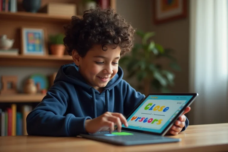 Élève dys utilisant une tablette avec l'interface de la plateforme MaClasse2026 pour un soutien scolaire adapté à domicile