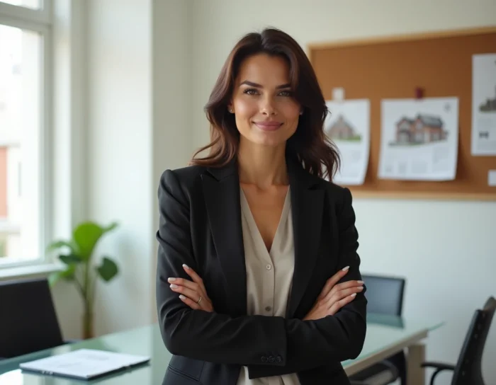 Femme professionnelle élégante dans un bureau immobilier moderne, évoquant le parcours d'Elizabeth Huberdeau entrepreneuse