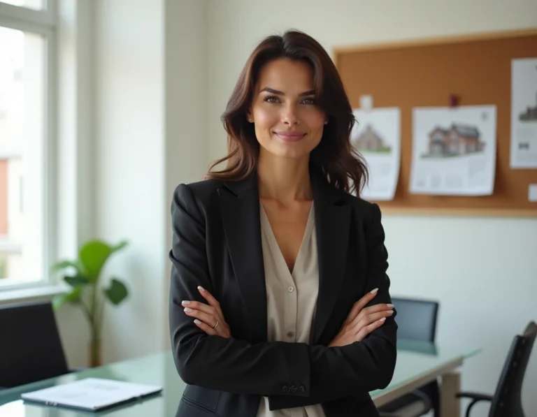 Femme professionnelle élégante dans un bureau immobilier moderne, évoquant le parcours d'Elizabeth Huberdeau entrepreneuse