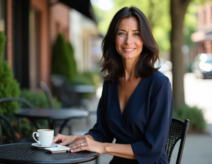 Femme élégante assise en terrasse de café dans un quartier résidentiel américain, portrait intimiste