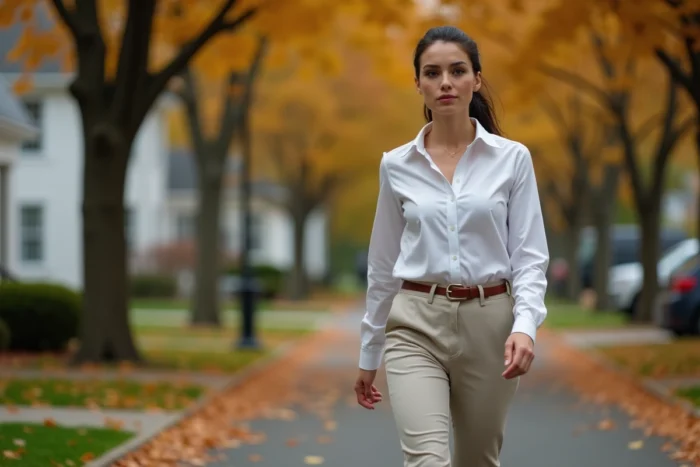 Femme indépendante marchant dans un quartier résidentiel américain en automne, feuilles dorées et maisons coloniales