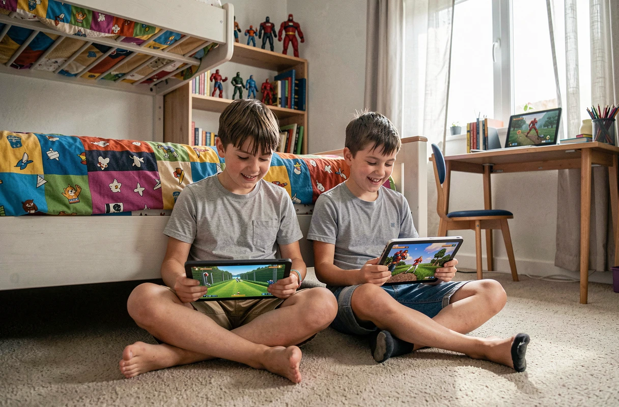 Deux enfants jouant à des jeux en ligne sur tablette dans une chambre d'enfant colorée