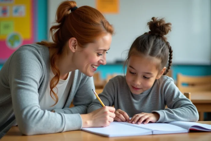 Enseignante aidant une élève en difficulté scolaire grâce aux outils pédagogiques adaptés de MaClasse2026 en classe