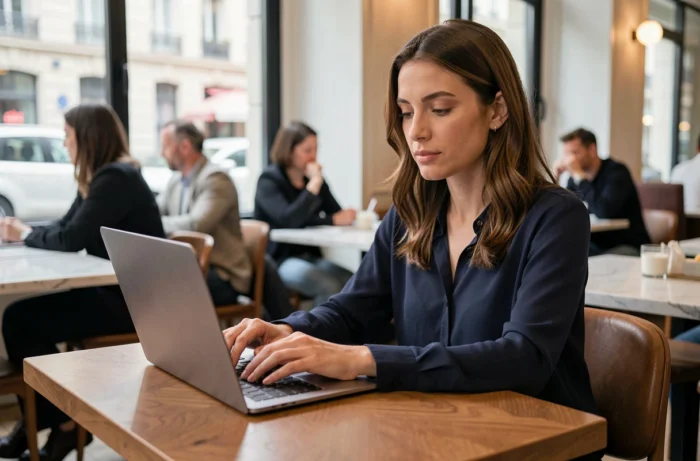 Femme utilisant un ordinateur portable dans un café parisien pour envoyer un message à l'équipe Fashion Collection