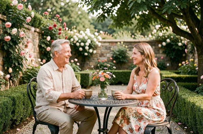 Couple d'entrepreneurs dans un jardin privé élégant autour d'une table en fer forgé par un dimanche ensoleillé