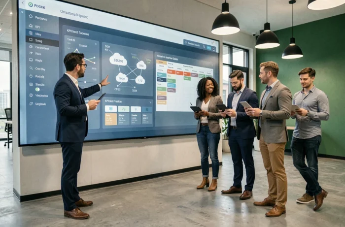 Équipe pluridisciplinaire analysant des tableaux de bord numériques lors d'un projet de transformation digitale