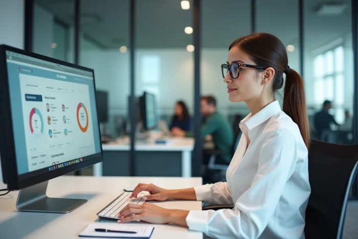 Femme consultant son espace client sur un ordinateur de bureau dans un environnement professionnel