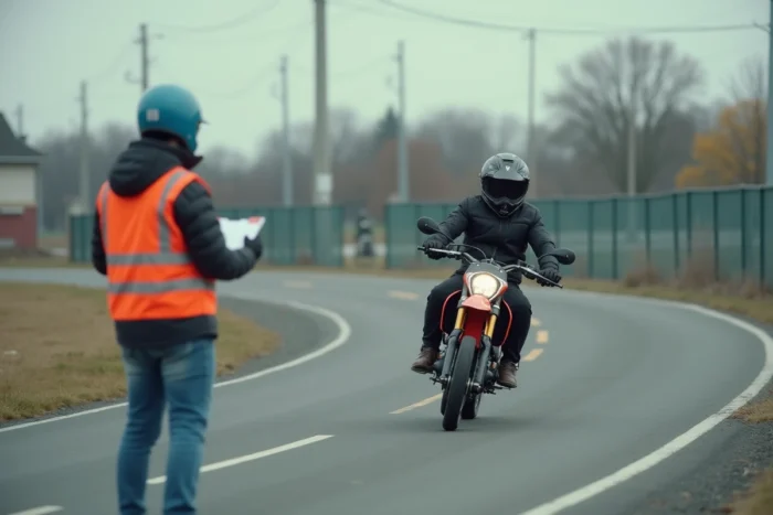 Adolescent en cours d'examen BSR pratique effectuant un slalom sur un circuit homologué sous la surveillance d'un examinateur