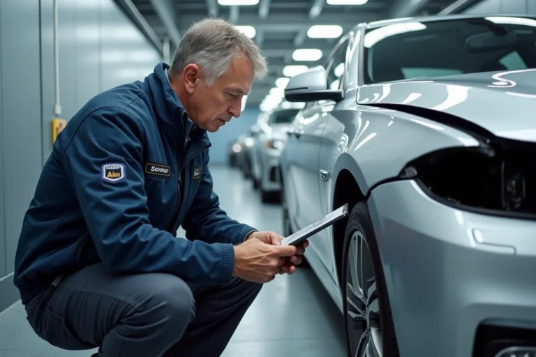 Expert automobile en veste technique inspectant les dommages d'un véhicule dans un garage professionnel avec tablette numérique