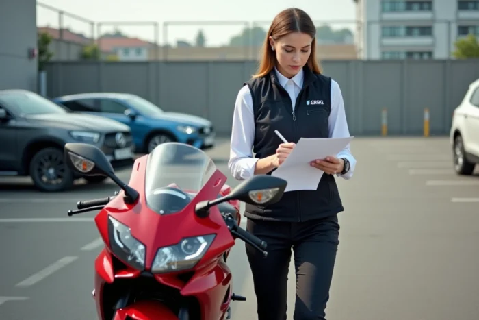 Experte auto moto rédigeant un rapport d'évaluation professionnelle devant une moto de sport en parking extérieur