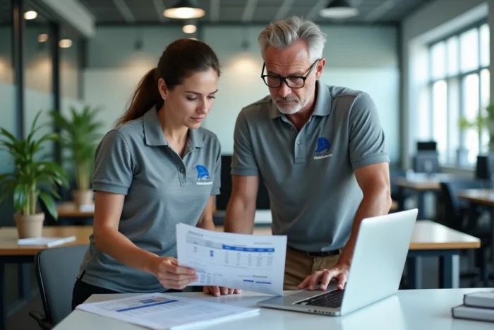 Deux experts en évaluation automobile discutant d'un rapport d'expertise dans un bureau d'assurance moderne