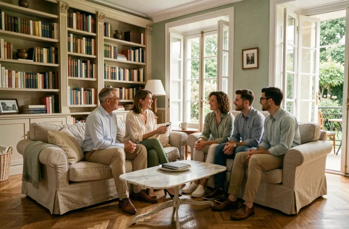 Famille réunie dans un salon élégant de style parisien avec parquet en chevrons et portes-fenêtres