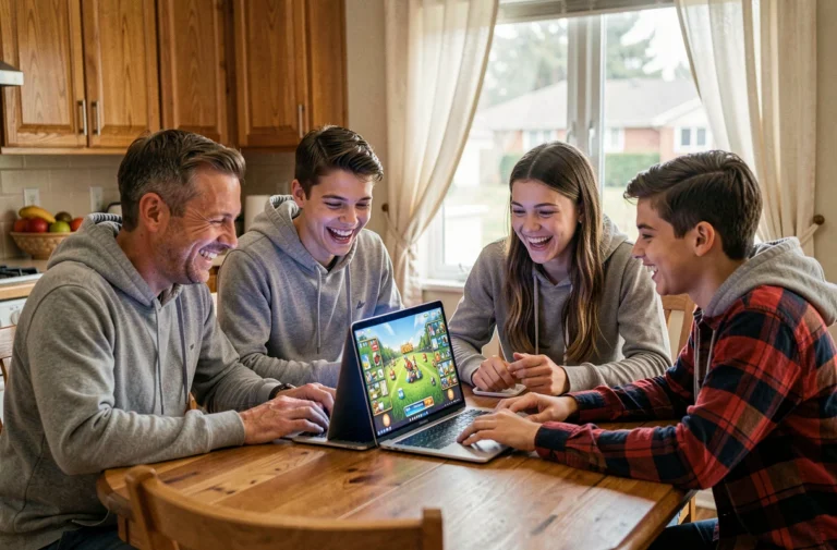 Famille réunie autour d'un ordinateur portable pour jouer à des jeux en ligne ensemble à la maison