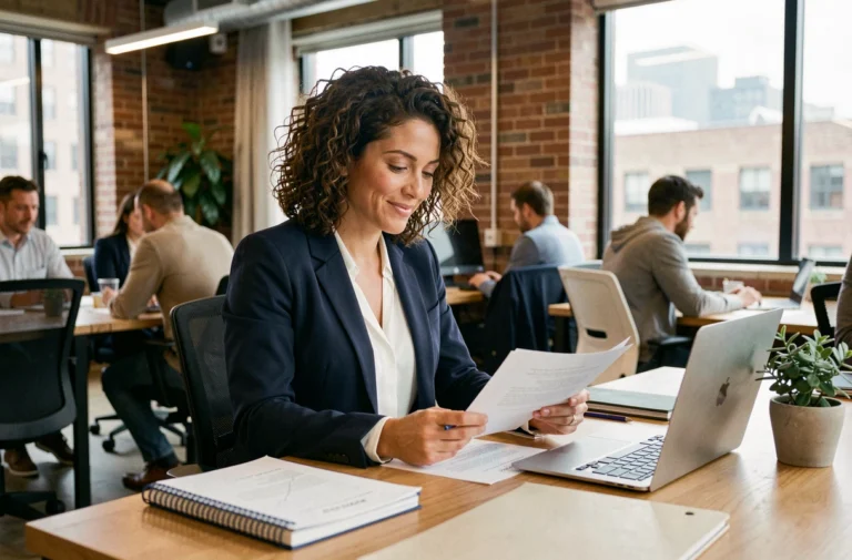 Femme d'affaires concentrée travaillant sur des documents dans un espace de coworking moderne