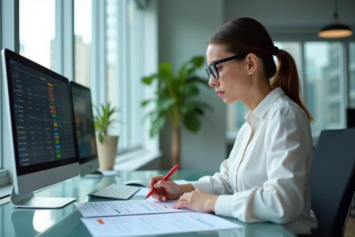 Femme professionnelle annotant des statistiques de pronostic football sur des feuilles de calcul dans un bureau moderne