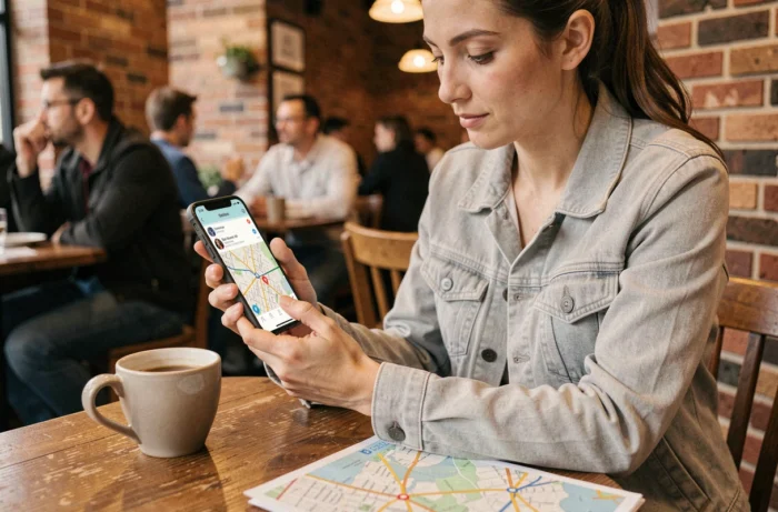 Femme utilisant l'application ViaMichelin sur smartphone dans un café pour planifier un itinéraire routier