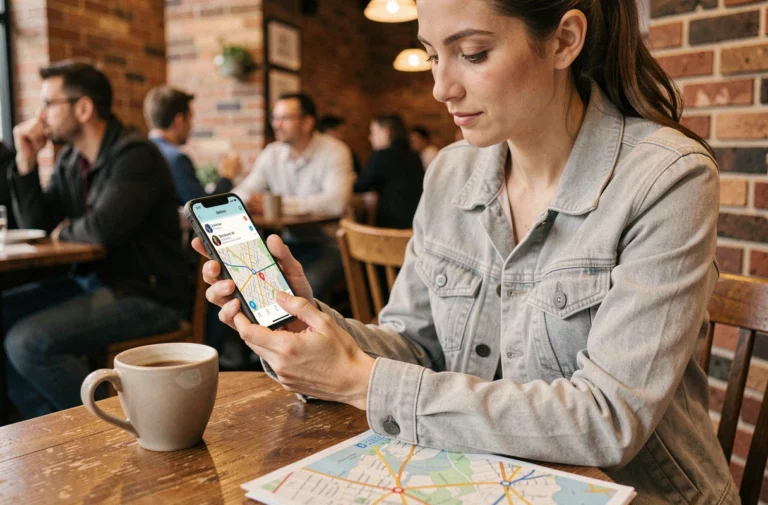 Femme utilisant l'application ViaMichelin sur smartphone dans un café pour planifier un itinéraire routier