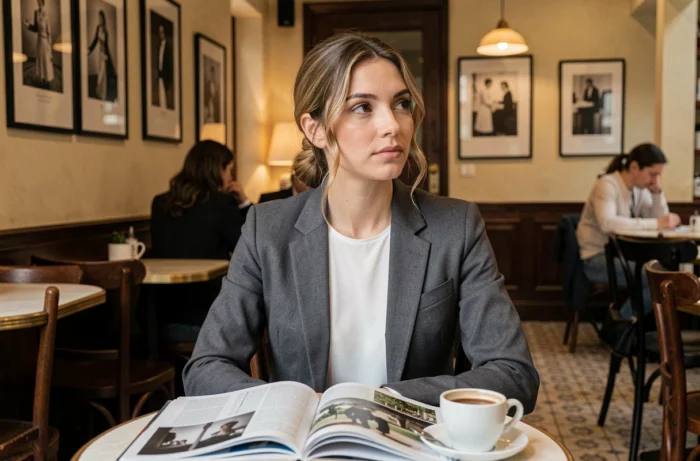 Femme élégante dans un café parisien feuilletant un magazine avec des photos de film au mur, ambiance réflexive sur les relations entre célébrités après un tournage