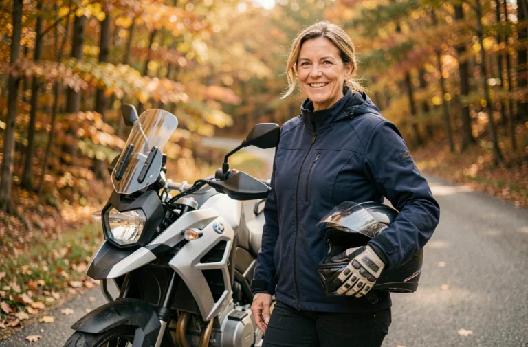 Femme de 50 ans souriante en équipement moto devant une moto de tourisme sur une route forestière en automne
