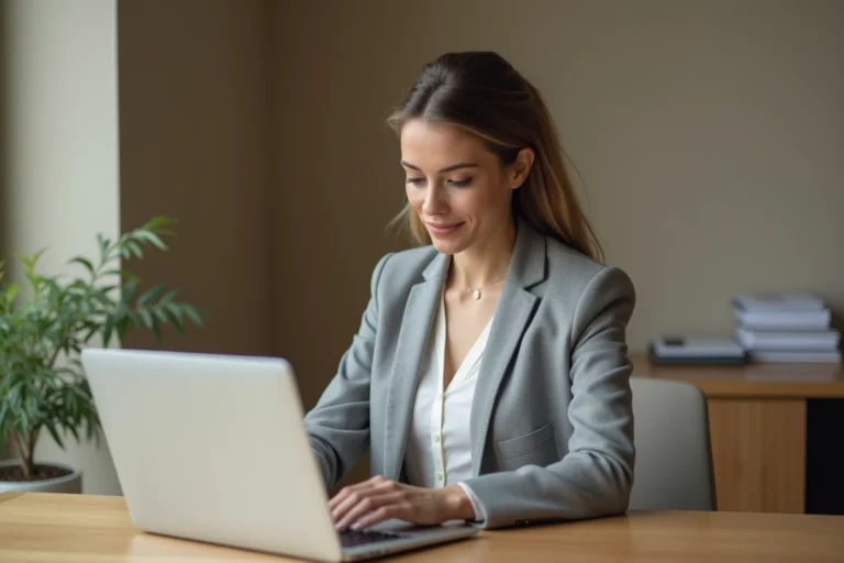 Femme utilisant un coffre-fort numérique en ligne pour sécuriser ses documents officiels sur un ordinateur portable