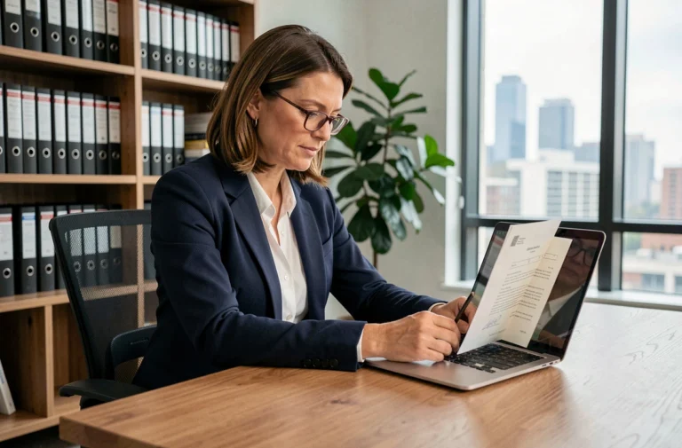 Femme professionnelle examinant un contrat immobilier sur son ordinateur portable dans un bureau moderne