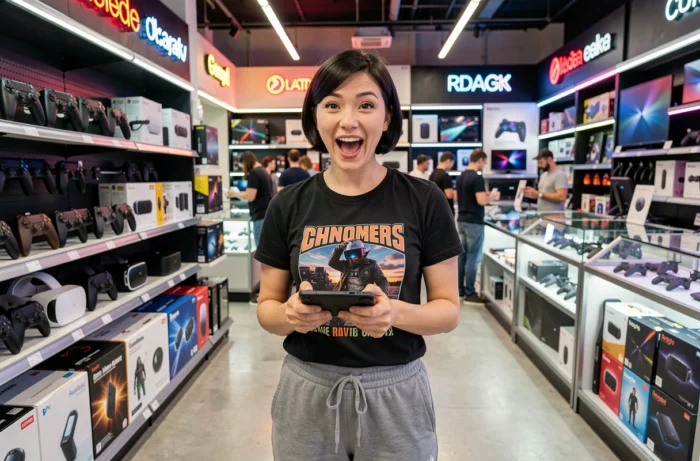 Femme découvrant les nouveautés high-tech et geek 2024 dans un magasin d'électronique moderne avec consoles et casques VR