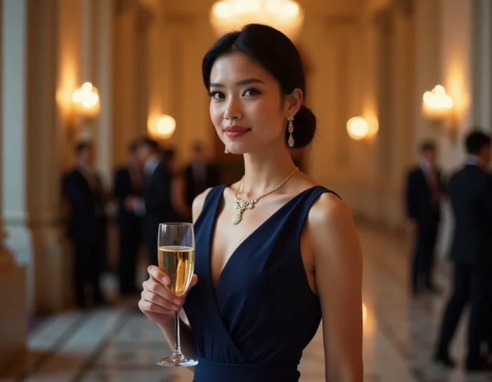 Femme élégante portant un diadème en or fin sur le front lors d'une soirée de gala dans un lieu de réception luxueux avec colonnes en marbre, illustrant le port du diadème en contexte formel