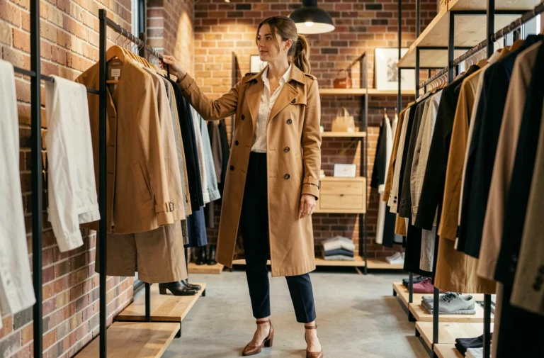 Femme élégante en trench coat camel faisant du shopping dans une boutique de mode contemporaine, tendances mode 2024
