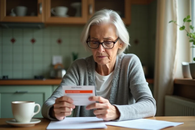 Femme d'une cinquantaine d'années examinant sa carte Vitale à la table de cuisine, inquiète de ne pas voir son ALD enregistrée