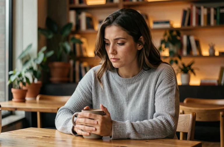 Femme introspective au café illustrant le haut potentiel émotionnel et la sensibilité intense