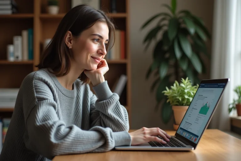 Femme consultant un site de rencontres alternatives sur son ordinateur portable dans un bureau à domicile moderne