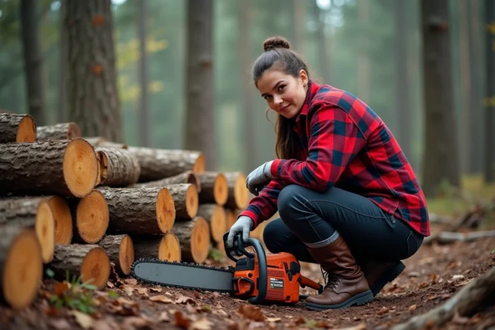 Femme inspectant des bûches coupées à la tronçonneuse électrique dans une clairière forestière