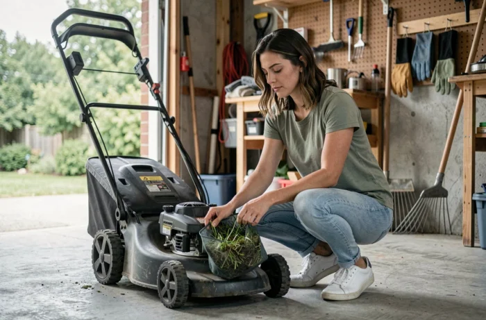 Femme inspectant le bac de ramassage de la tondeuse électrique Teccpo dans un garage