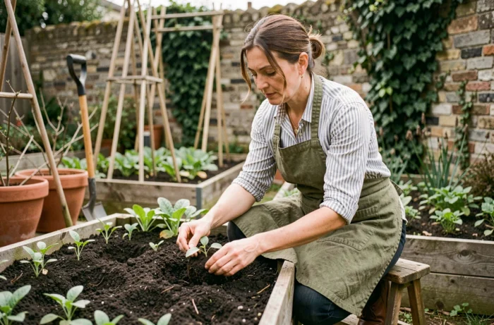 Femme jardinière transplantant des plants de légumes dans un potager surélevé au printemps