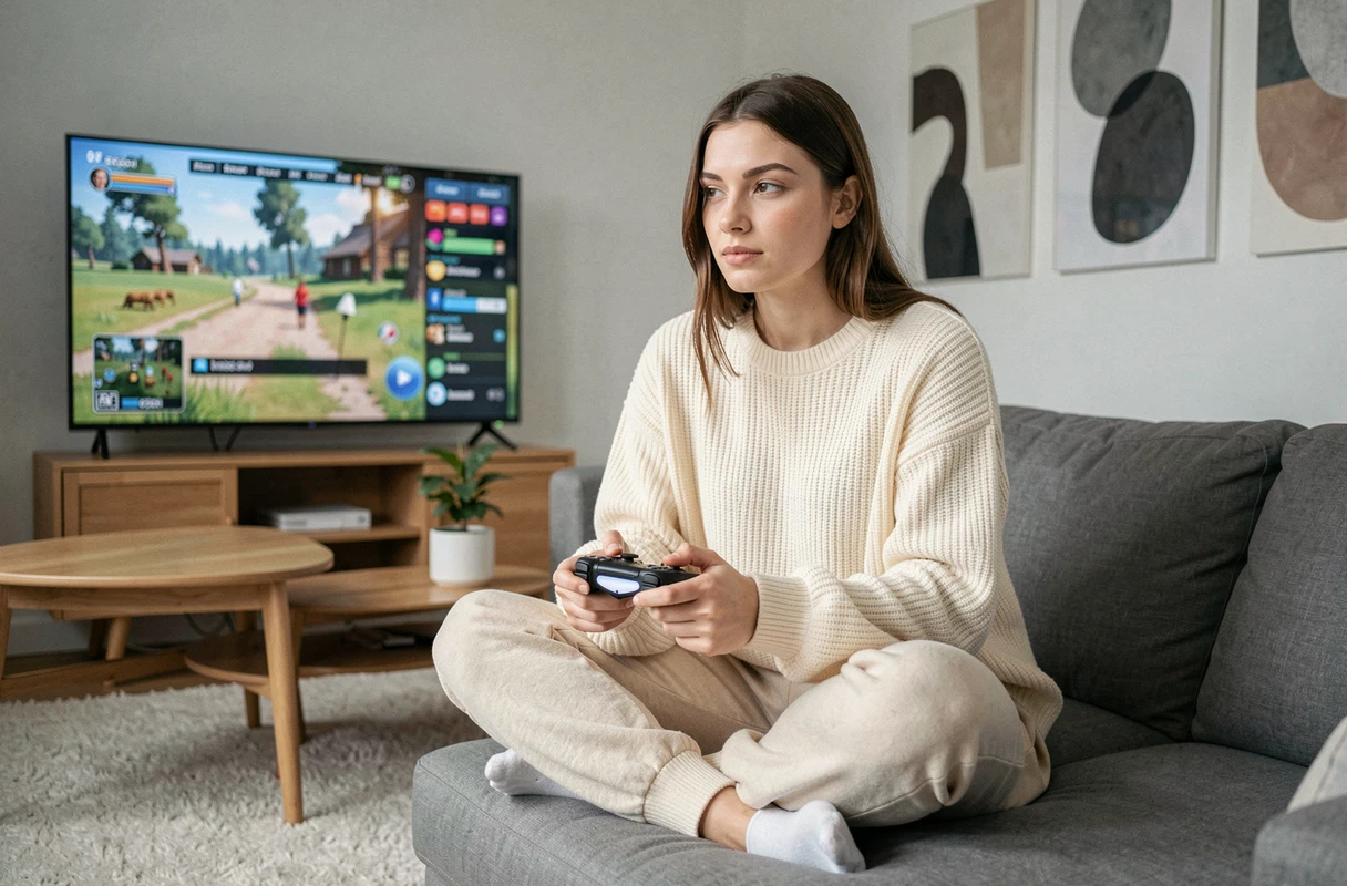 Jeune femme jouant à un jeu en ligne avec une manette de jeu dans son salon moderne